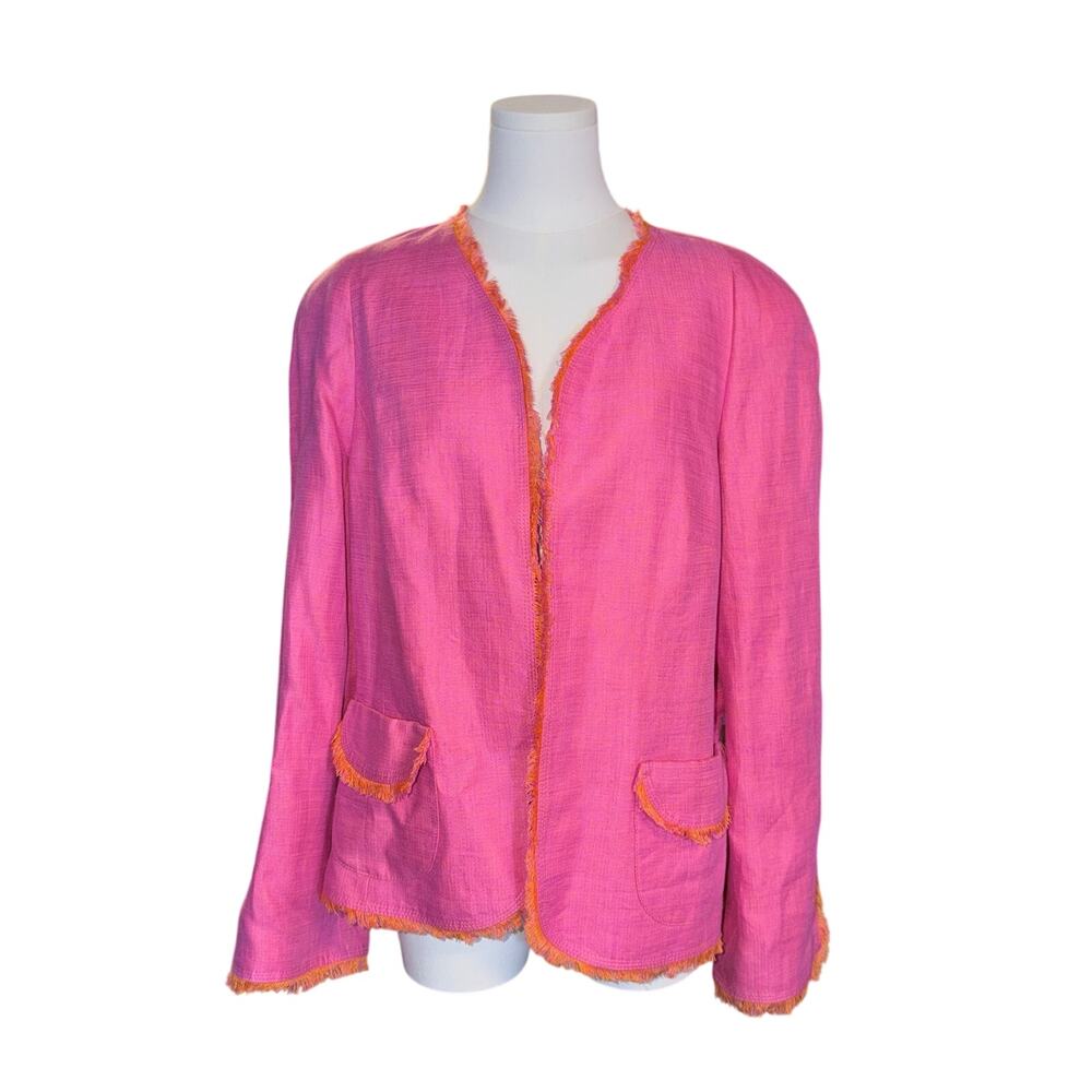 Vintage Anne Klein Linen Fringe Trim Open Front Blazer Jacket 16 Luxury Summer